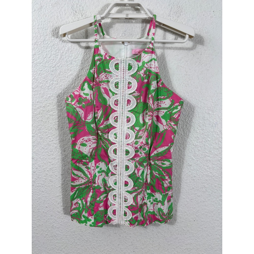 Lilly Pulitzer Halter Top Women 0 Pink Green Floral Lace Trim 76463